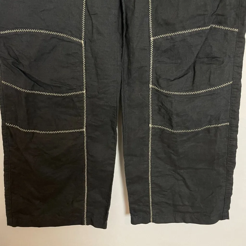 Black Pants Linen‎ Cotton Buckle Waist Size 2 Low Rise Cropped Skater Casual - Image 6