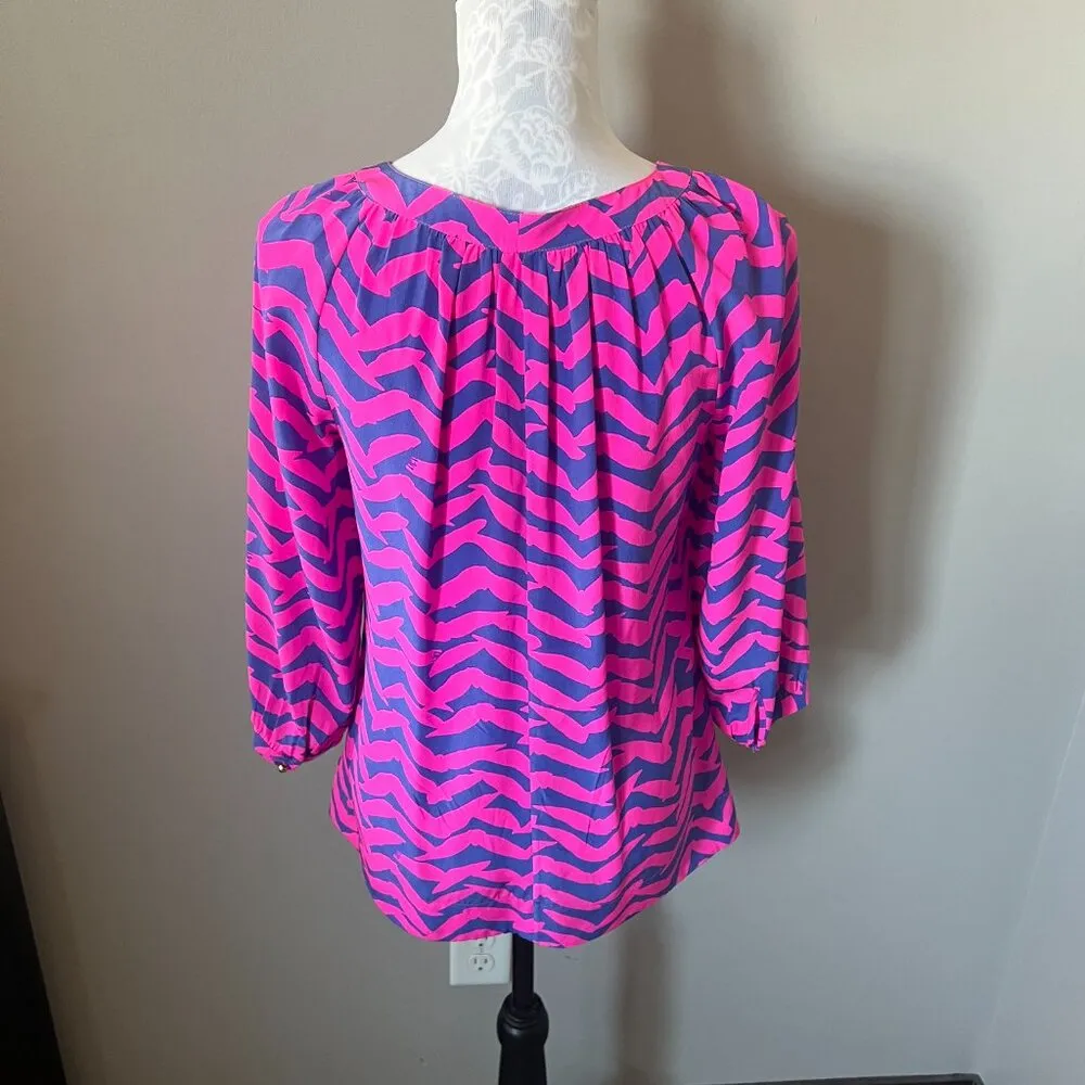 Lilly Pulitzer Moxy Silk Blouse Shirt Top Womens Pink Blue Small Long Sleeve - Image 4