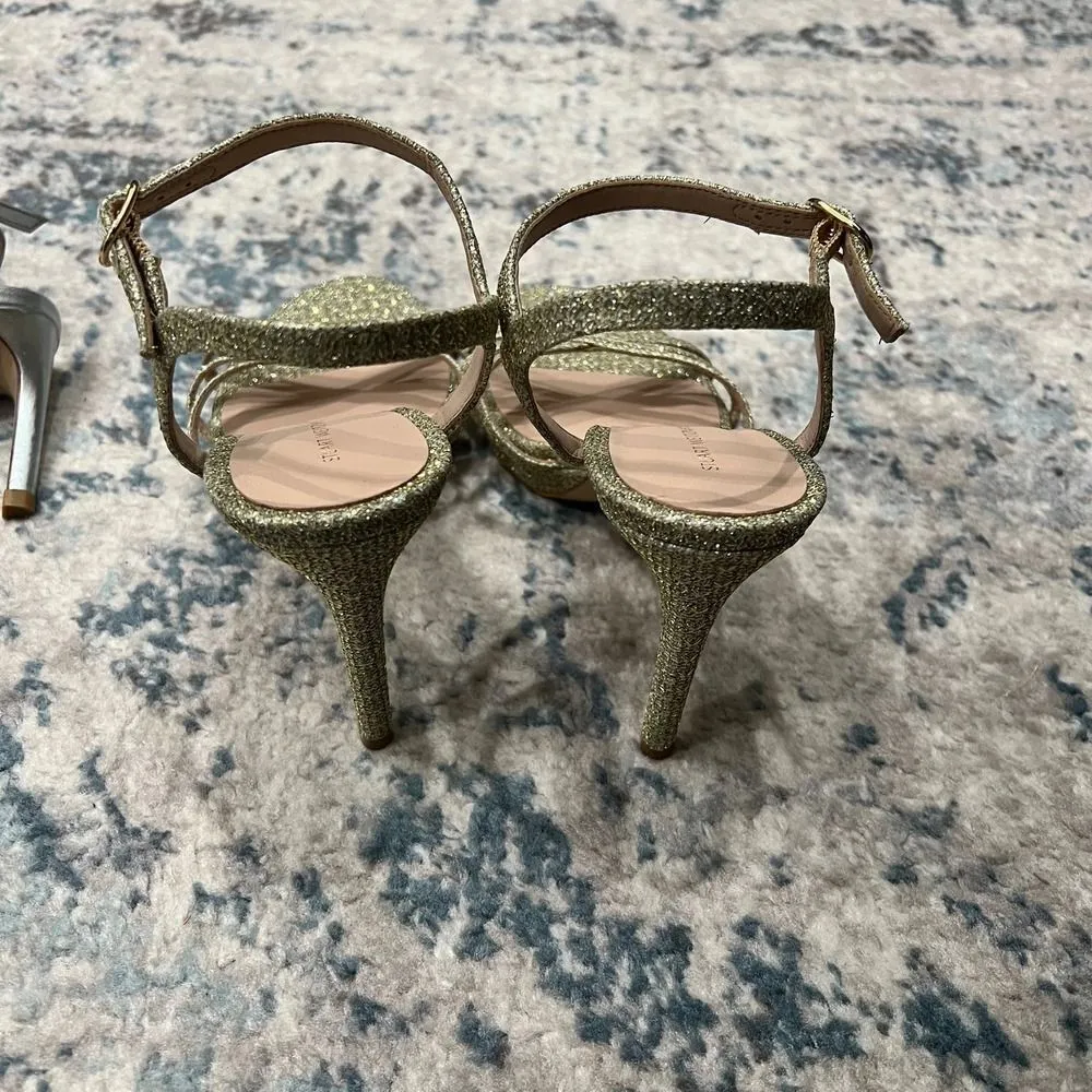 Stuart Weitzman Starla Metallic Gold Tweed Heel Size 9.5 - Image 3
