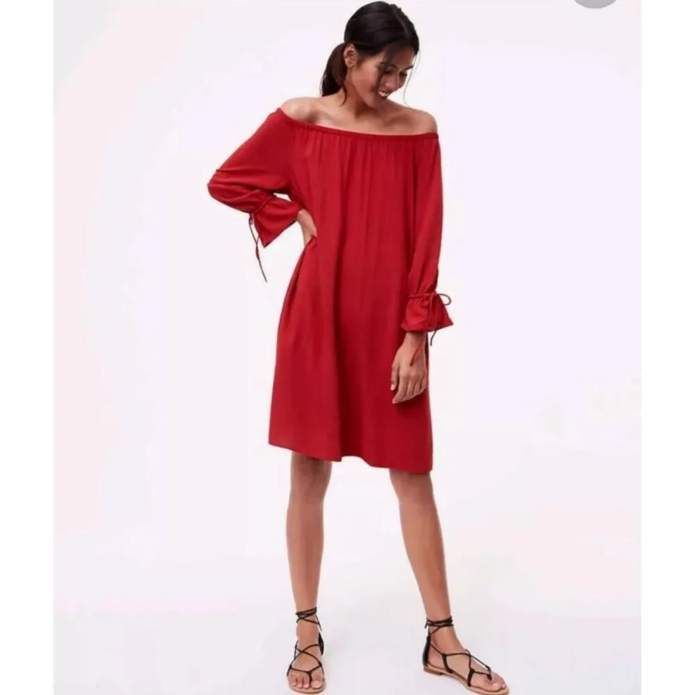 Ann Taylor LOFT off the shoulder Black dress XSMALL tie sleeve Midi NWT - Image 2