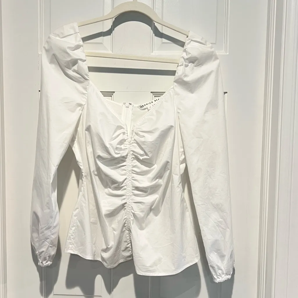 Veronica Beard Zhou Ruched Long Sleeve Top White Size 14 Puff Sleeve Cotton - Image 3