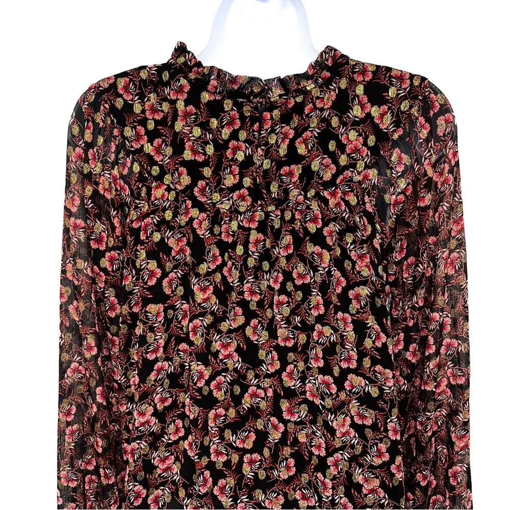 LOFT Shimmer Vine Pleated Yoke Metallic Floral Print Semi Sheer Blouse Top XS - Image 7