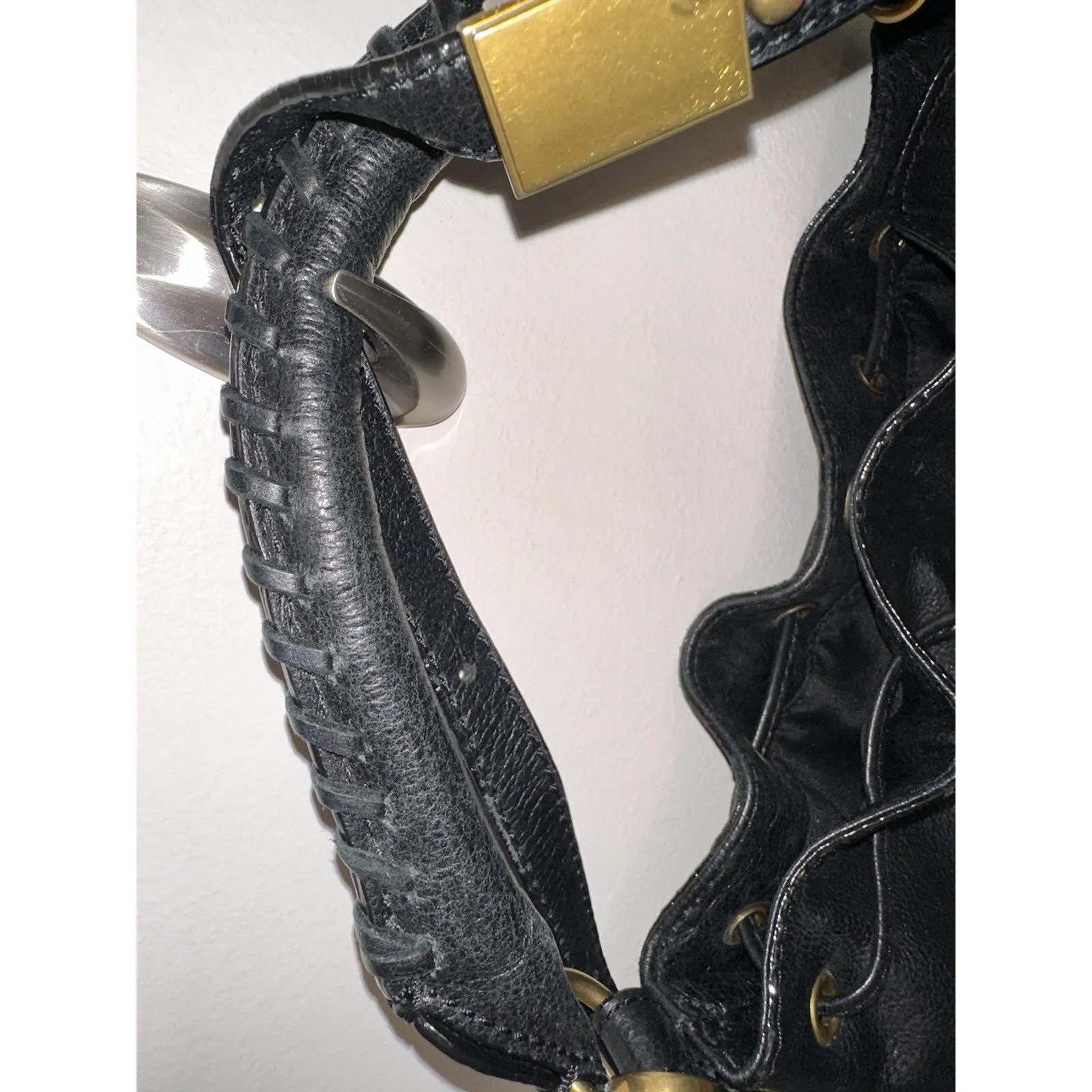 Elliot Lucca Black Leather Drawstring Crossbody Shoulder Bag Satchel Small Purse - Image 3