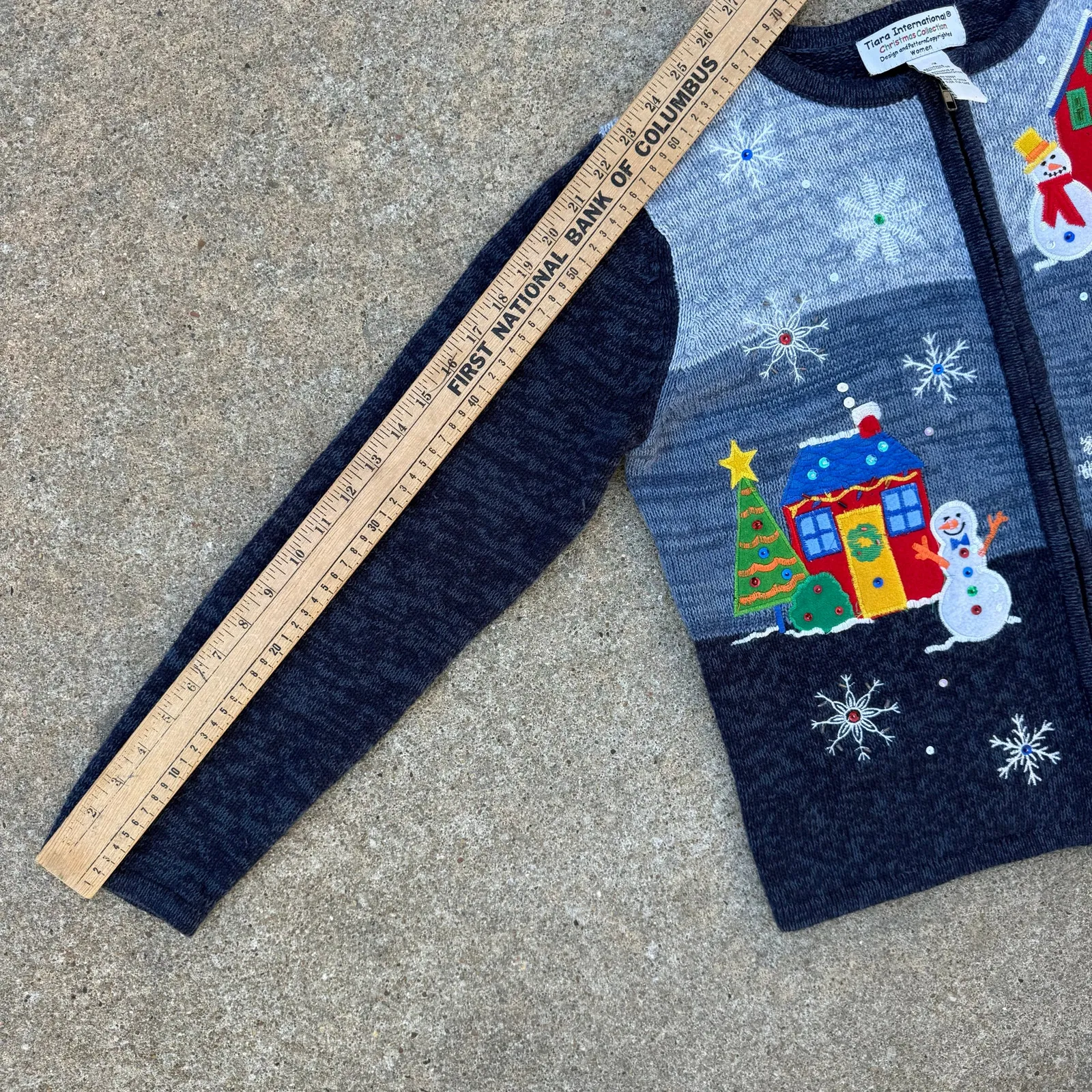 Y2K Tiara International Ugly Christmas Cardigan Winter Scene Snowman House 1X Blue - Image 10