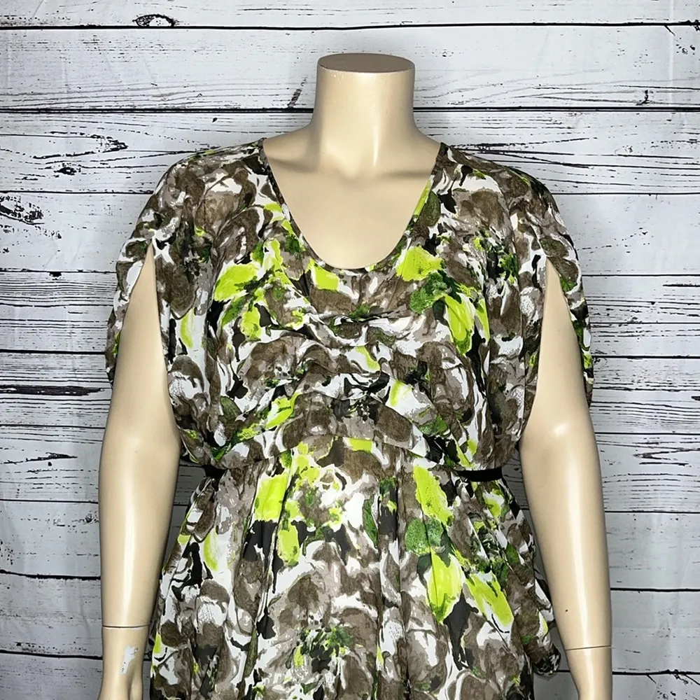 Icon by Lane Bryant NWT Size 22 Green & Brown Floral Tie Waist Sheer Blouse Top - Image 2