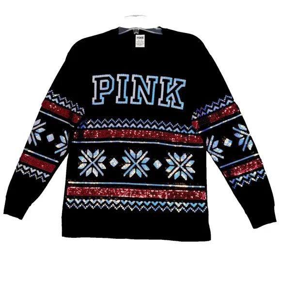 Pink Victorias Secret Shirt Women XS Sequin Holiday Tee Black Sequins Snowflakes - Image 2
