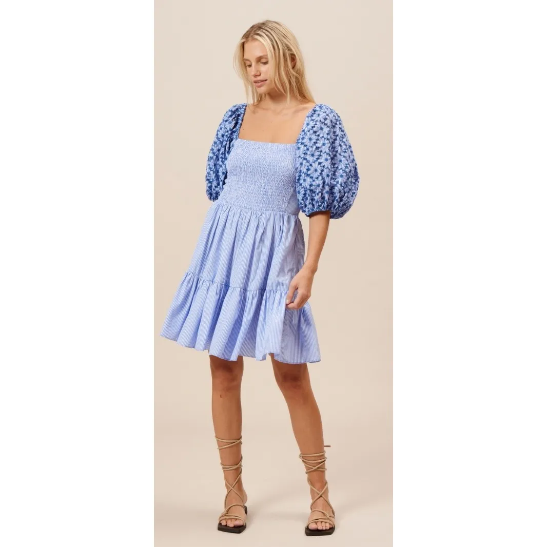 Lucy Paris Skya Embroidered Striped Mini Dress Smocked‎ Puff Sleeve Sz L NWT - Image 2