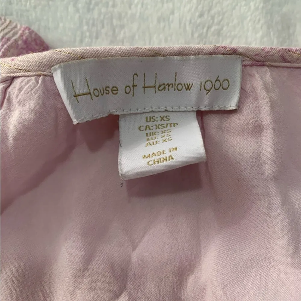 House of Harlow 1960 womens XS pink paisley smocked mini dress puff Ajay v neck - Image 3