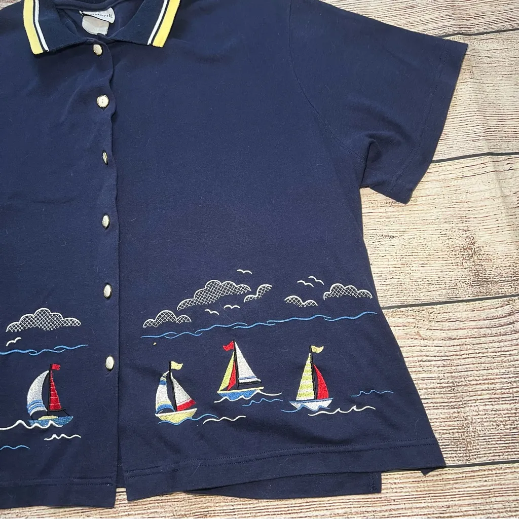 Vintage 90s BonWorth Embroidered Sail Boats Button Up‎ Shirt Women’s XL Nautical - Image 3