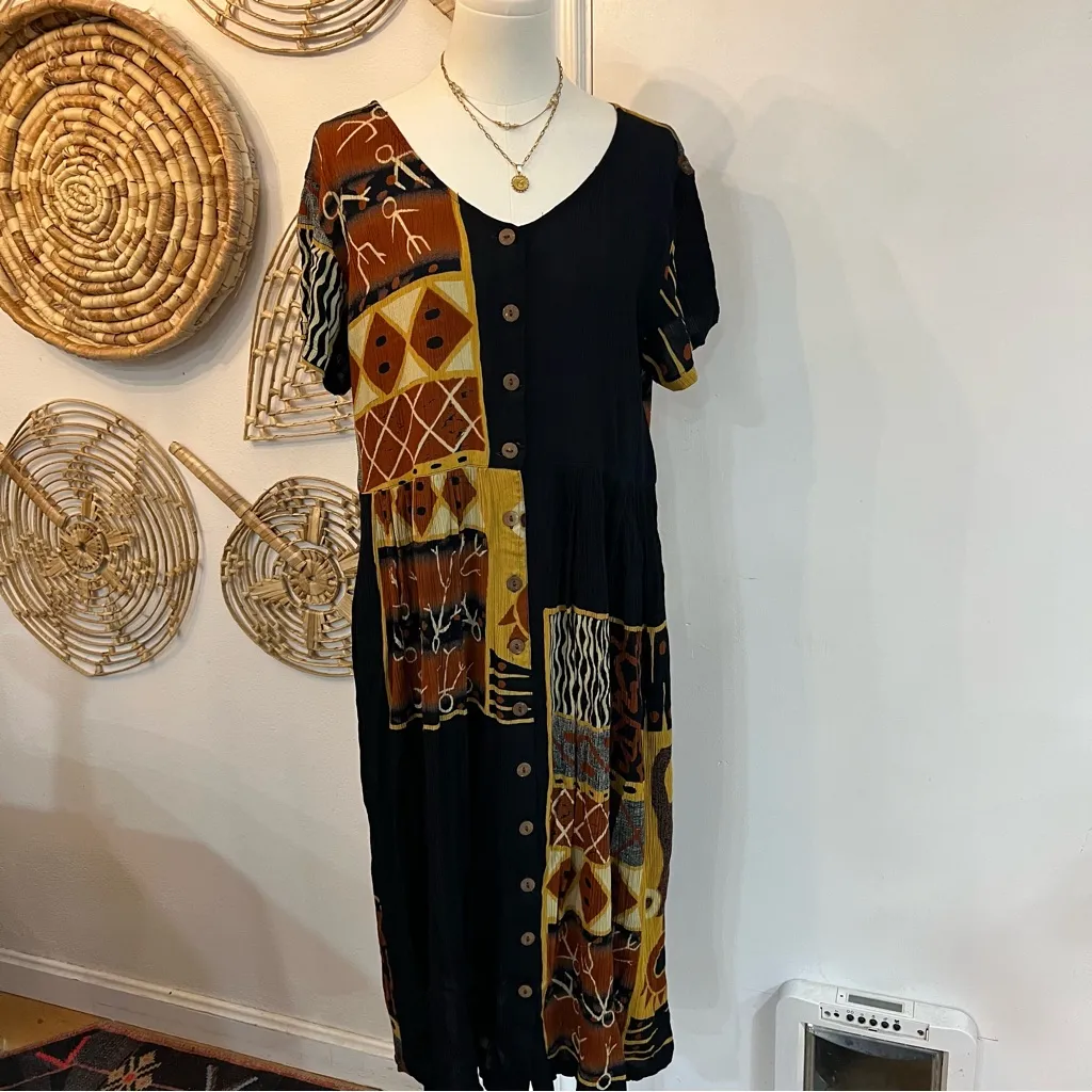 Vintage Pelican Cove 90s Boho Patchwork Rayon Midi Dress Festival Earthy Large Black - Image 4