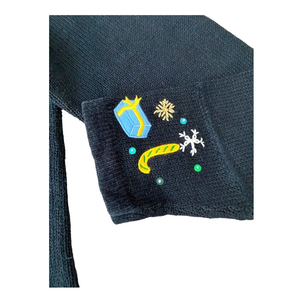 Keren Hart Vintage Embroidered Christmas Zip Up Black‎ Cardigan, Size Large Black - Image 2