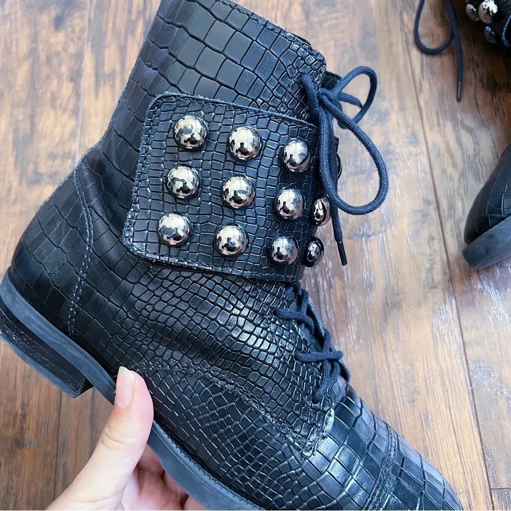 SCHUTZ • Marieta Studded Bootie ankle boot black croc embossed lace up combat - Image 8