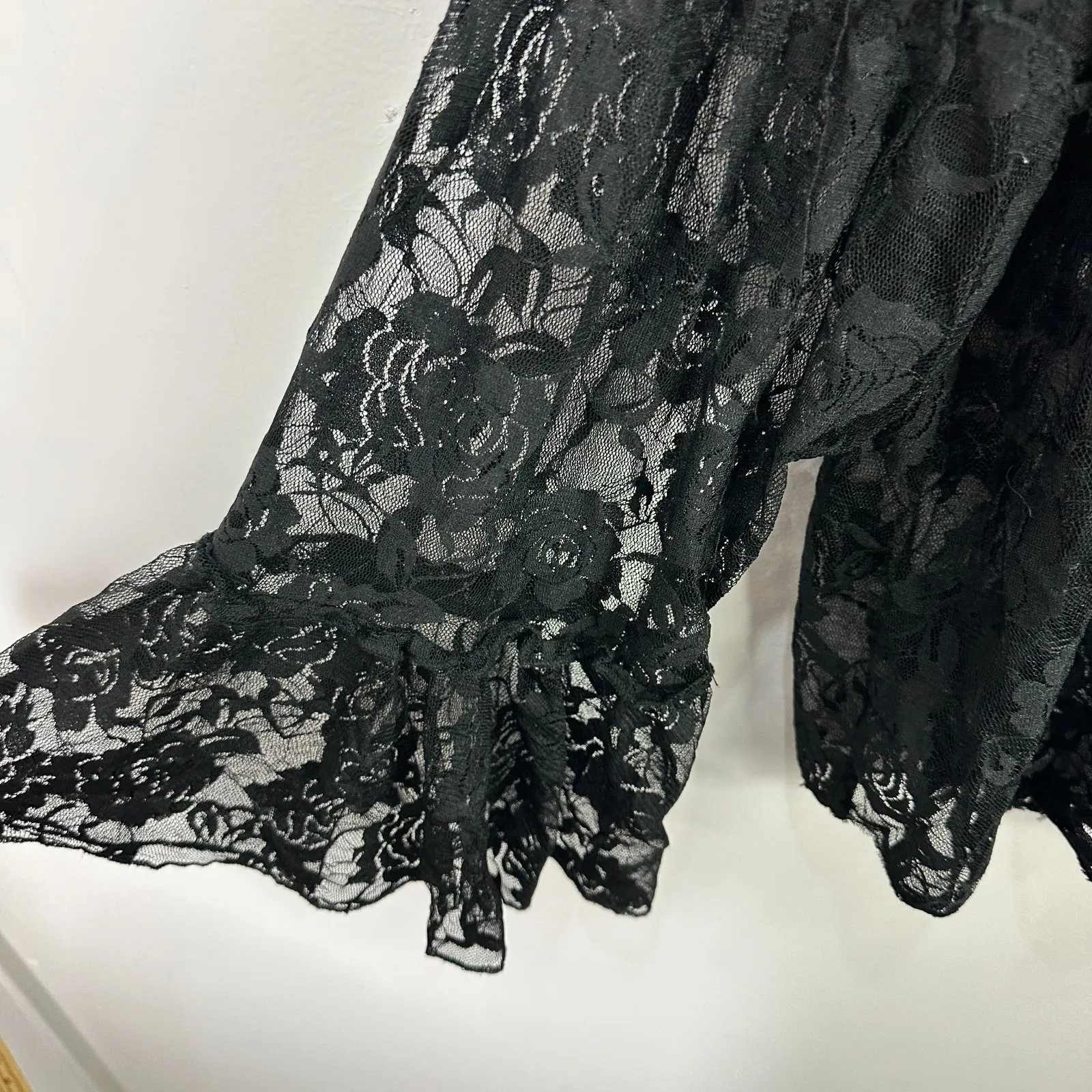 Shannon Ford New York S Black Lace Sheer Bell Sleeve Top Whimsigoth Fairy Grunge - Image 3