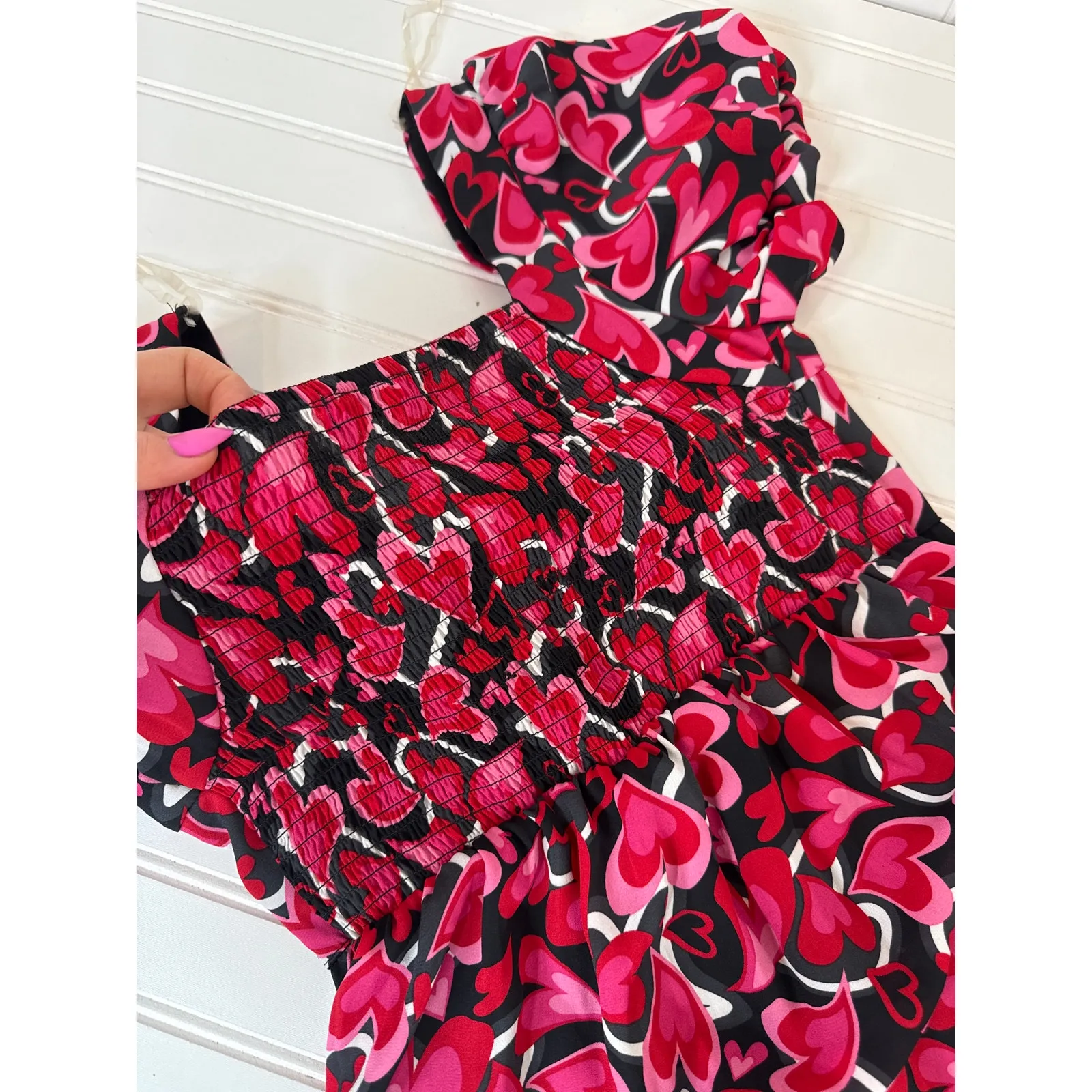 Steve Madden Heart Print Dress Smocked Back Dress Red Pink Black Mini Size S - Image 8