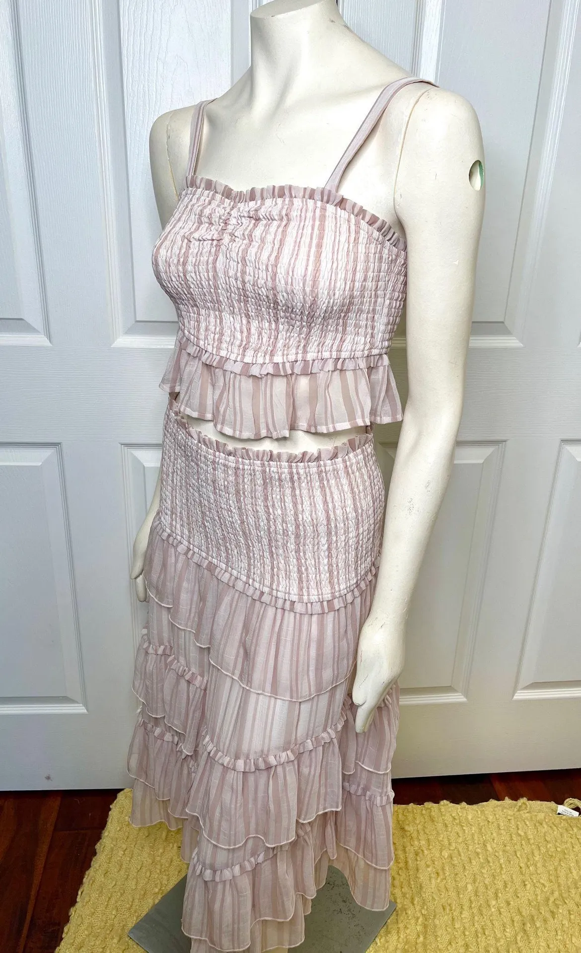 Lavender Stripe Two Piece Smocked Set w/ Tiered Ruffle Skirt - Image 3