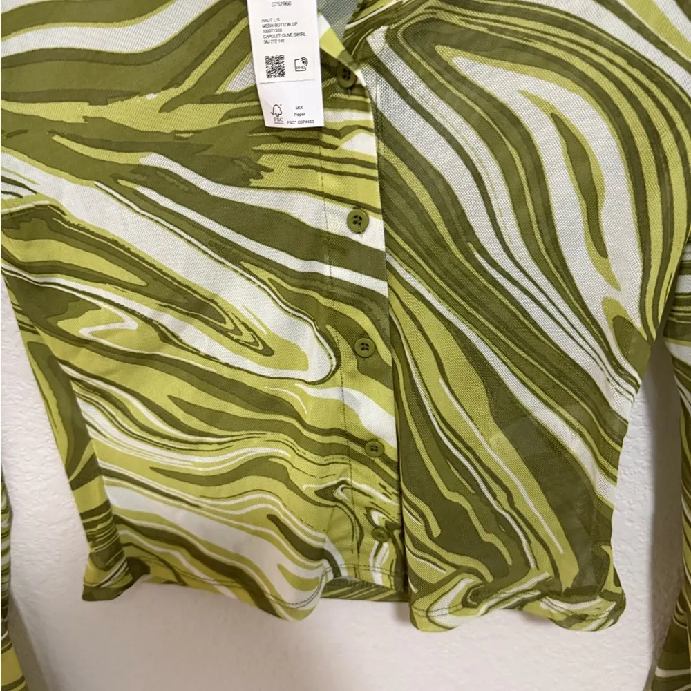 GARAGE Sheer Mesh Button Up Crop Top Green Swirl Psychedelic Y2K Extra Small XS - Image 6