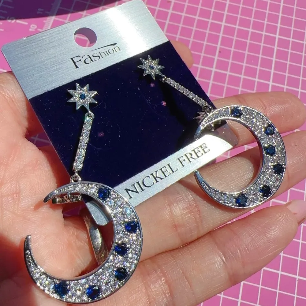 Fashion earrings Diamond Paved Silver Blue moon & star Drop Nickel Free - Image 2