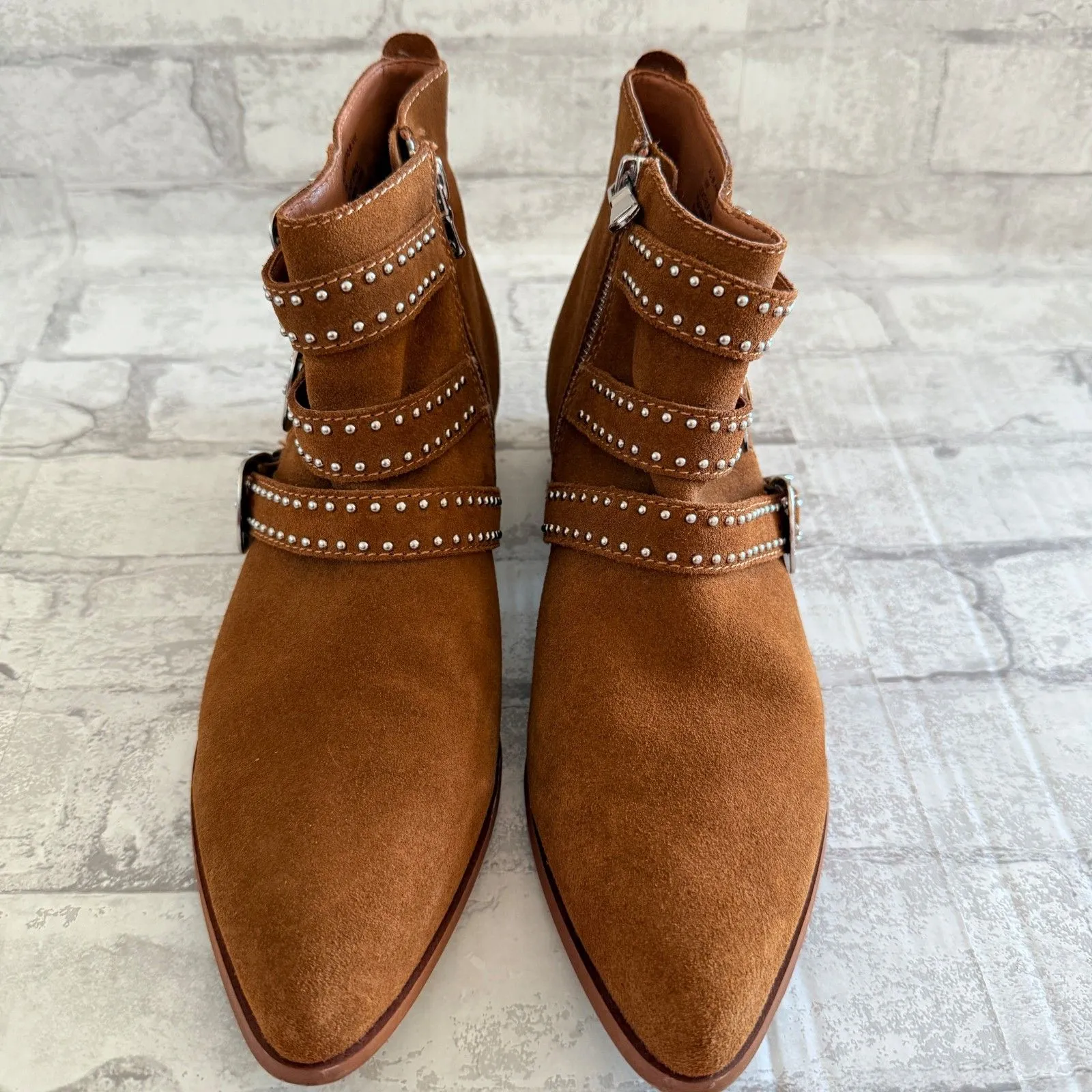 Aqua Blane Cognac Brown Studded Suede Block Heel Almond Toe Booties Sz 10M - Image 7