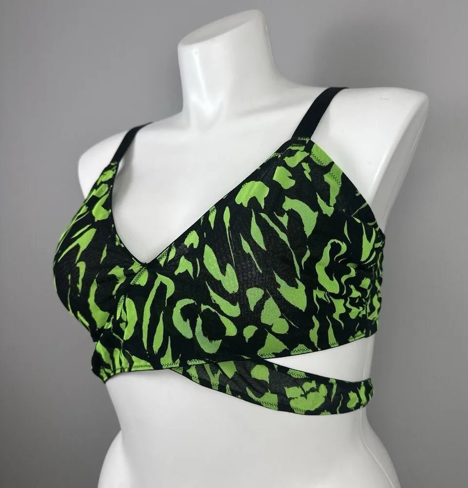 Cacique Bralette Size 42B Bra Mesh Rave Green Black Animal Print Wrap Unlined - Image 2