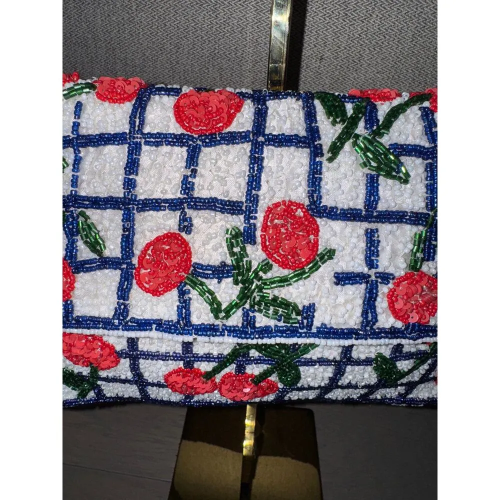 Hand Beaded Viral Cherry Checkered White Shoulder Evening Bag Coquette NWOT - Image 3