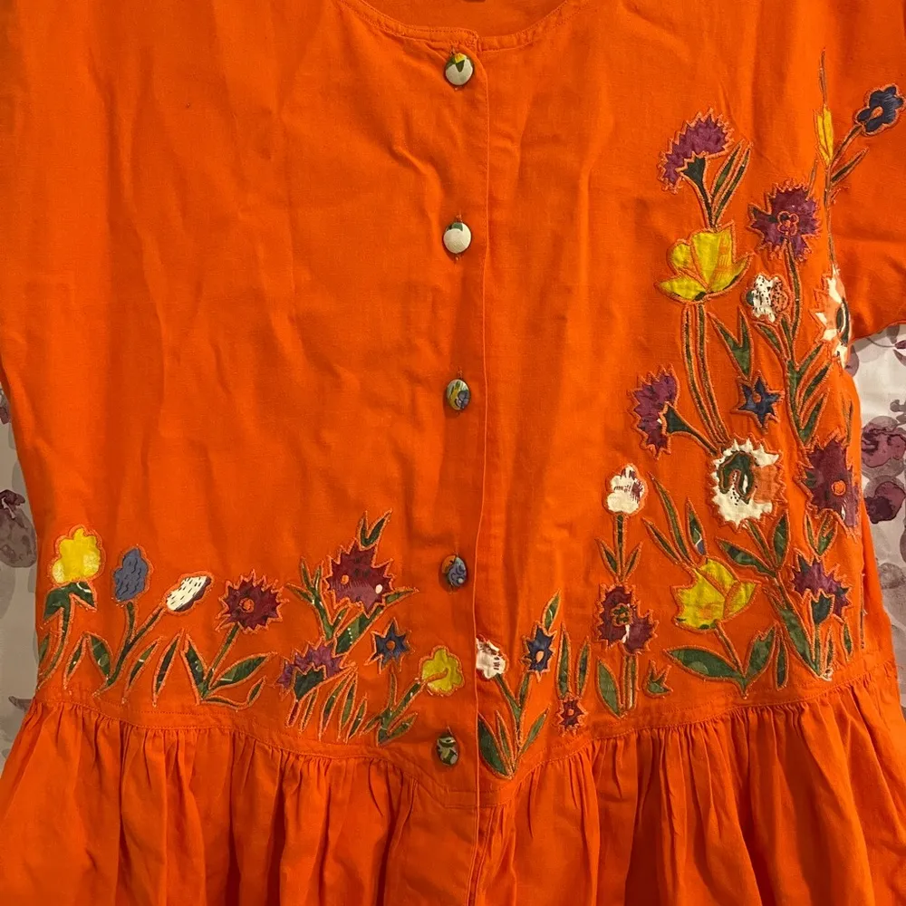 Vintage Designer Jennifer Logan Orange Floral Embroider Flowy Maxi Dress Medium - Image 4