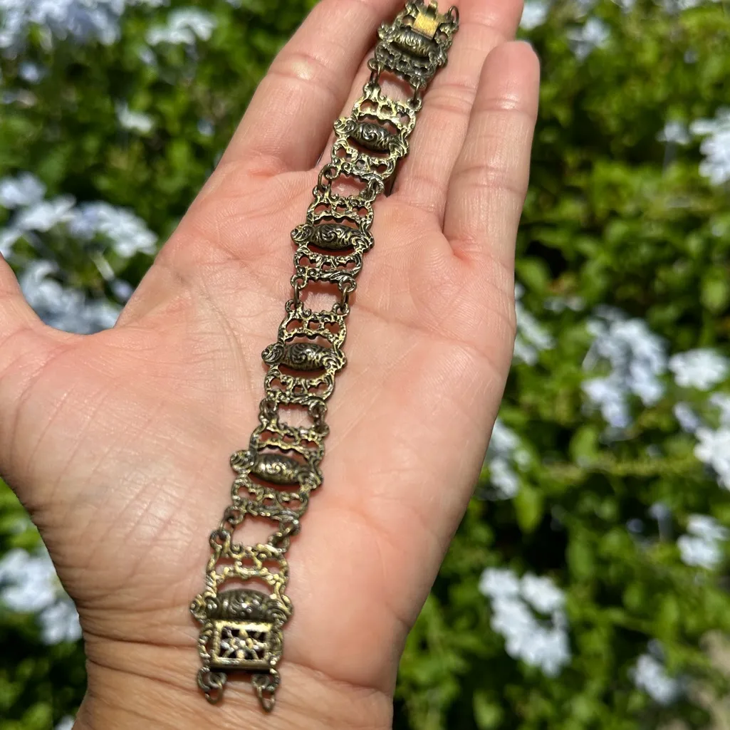 Antique Victorian–Edwardian Filigree Bracelet Bohemian Glass. - Image 9