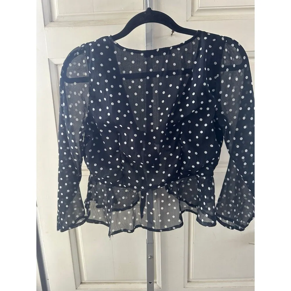 Abercrombie & Fitch Sheer Partial Lined Polka Dot Tie Front Crop Peplum Top S - Image 5