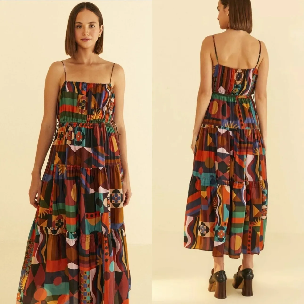 Farm rio tropical shapes sleeveless tiered midi dress large‎ vacation resortwear - Image 2