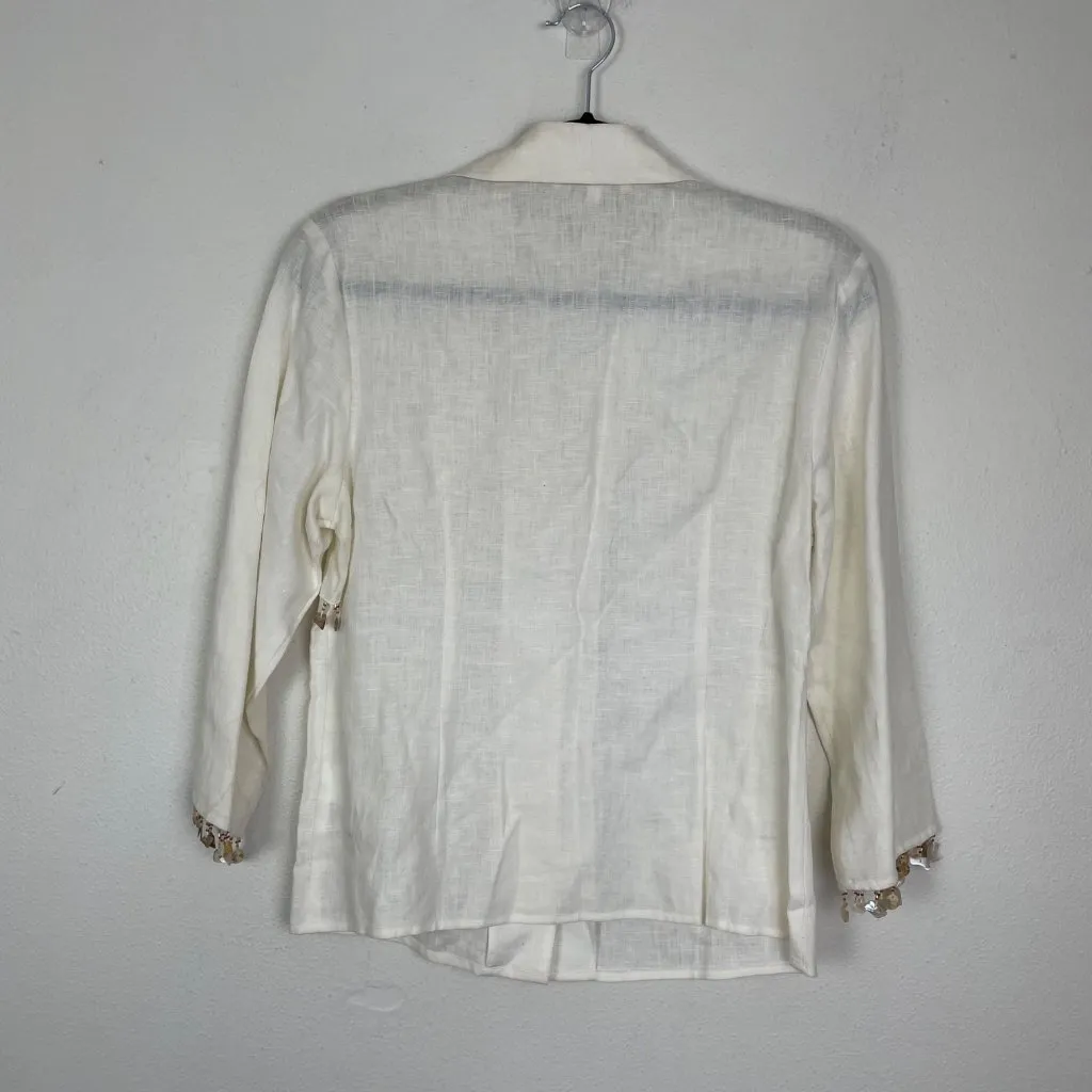 Lili Lalande Women's 42/‎ 10 White 100% Linen Blouse Abalone Shell Beads Fringe - Image 11
