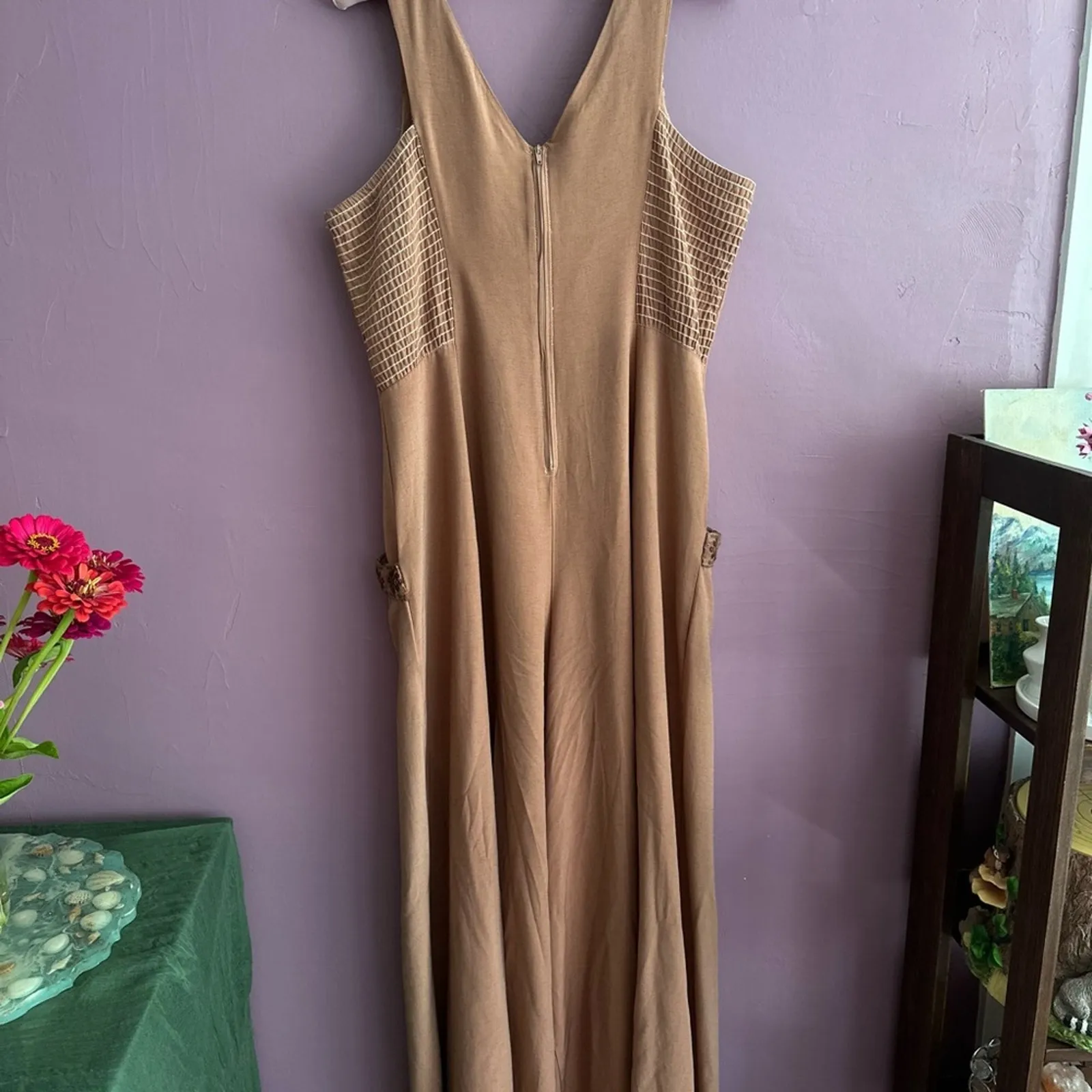 Vintage Wild Rose Warm Brown Wide-Leg Rayon Jumpsuit Boho Chic Coastal Cowgirl - Image 9