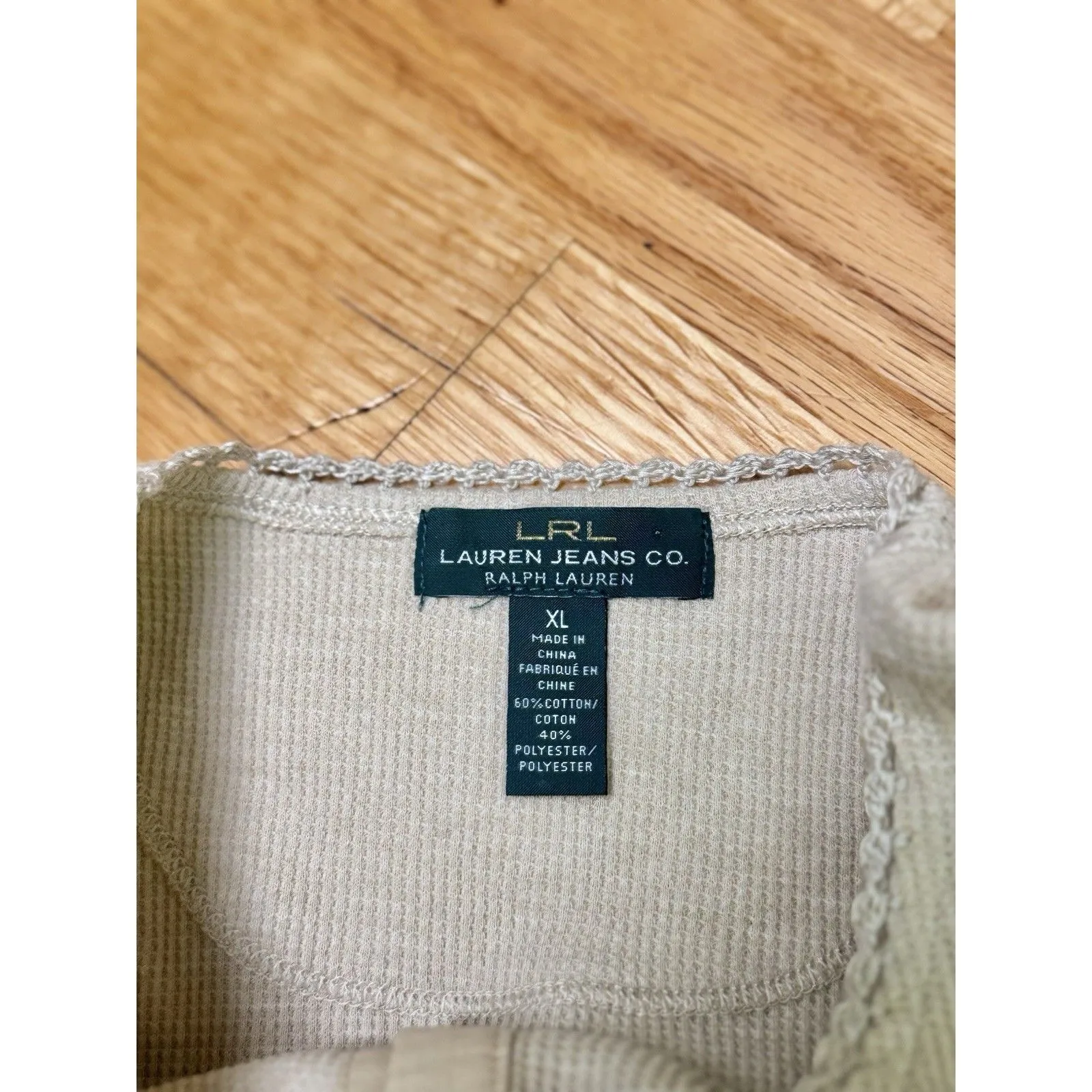 Lauren Ralph Lauren Women’s Waffle Knit Henley Long Sleeve Top Light Beige Sz XL - Image 5