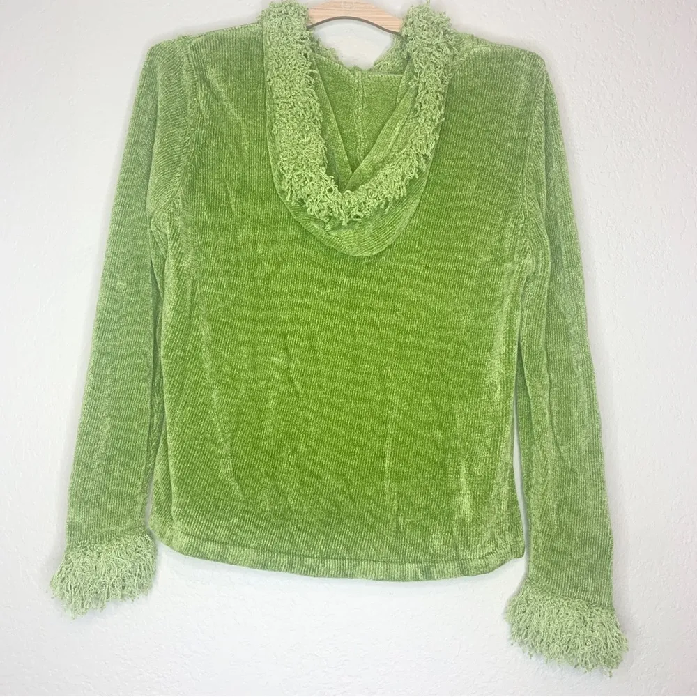 Vintage Y2K Green Super Soft Fluffy Fringe Trimmed Zip Up Hoodie Size L - Image 3