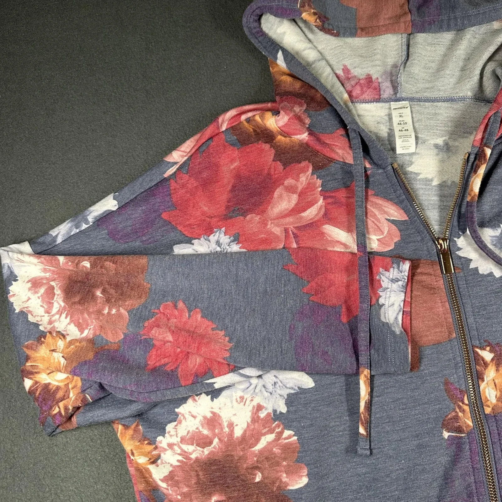 Marika Hoodie Womens XL Blue Floral Print Full Zip Lightweight Jersey Sweatshirt - Image 4