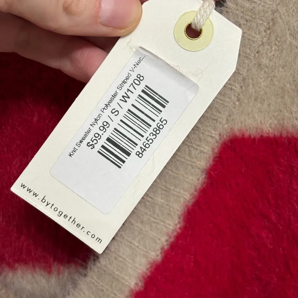 NWT By Together Striped Fuzzy Knit V-Neck Sweater in Red and Taupe - Size S - Image 6