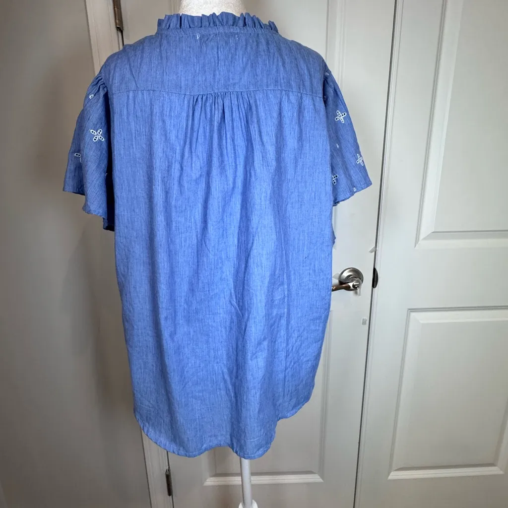 Studio West  Boho Coquette Embroidered Peasant Top L Ruffle Neck Flutter - Image 5