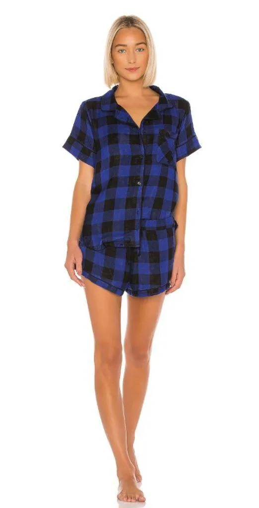 Revolve Plush Pajama Shorts Set M Ultra Soft Plaid Blue Black Lounge Comfy - Image 5