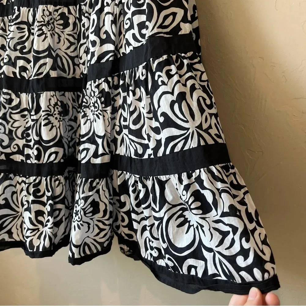 Y2K Tiered Skirt Black White Floral A-line Gothic Classic Full Midi 10p Boho Max - Image 5