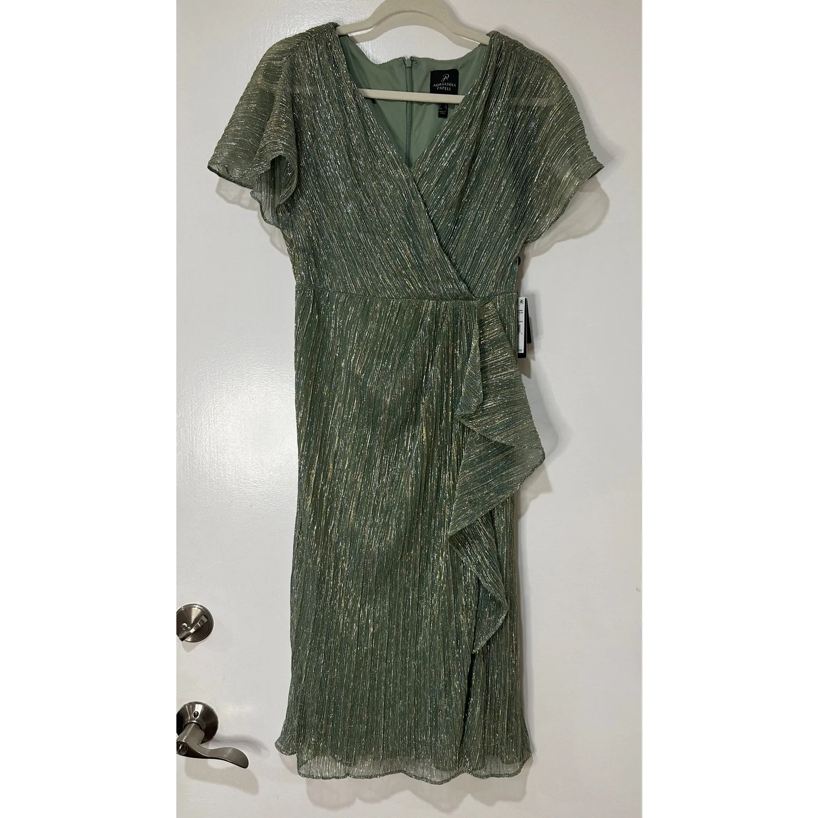 Adrianna Papell Metallic Crinkle Midi Dress Green Slate Size 4 NWT Dressy - Image 2