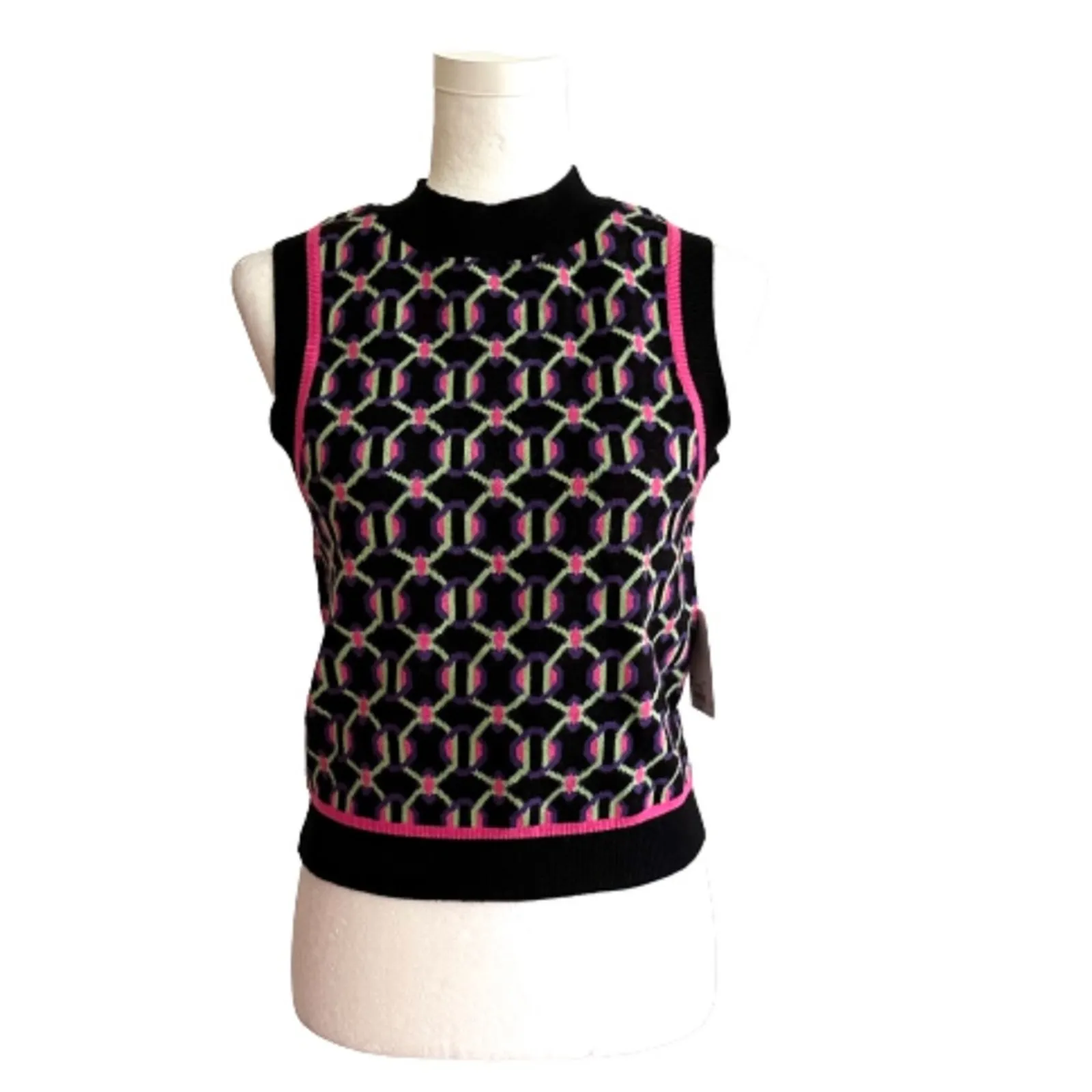 SO Retro Sweater Vest Preppy Black Fuchsia Crop High Neck Vest Junior Medium NEW - Image 2