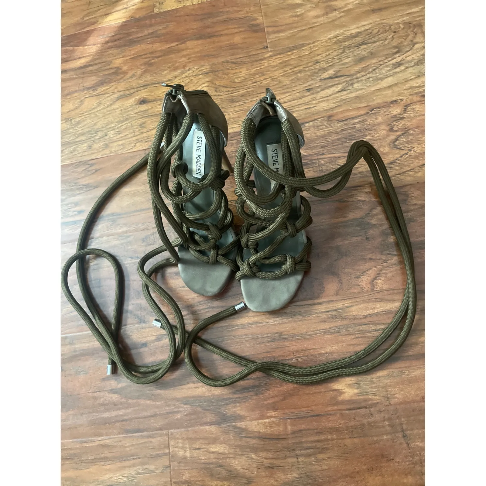 STEVE MADDEN Dancin' Rope Heels Olive Strappy Wrap Tie Size 7 Shoes Sandals - Image 3