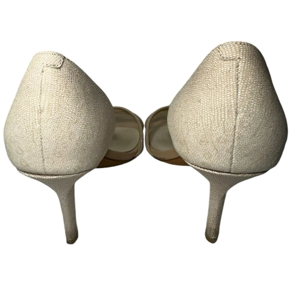 Aerin Women’s 8.5 Metallic Gild Sparkly Cream Canvas Varan Strappy D’Orsay Heels Gold - Image 6