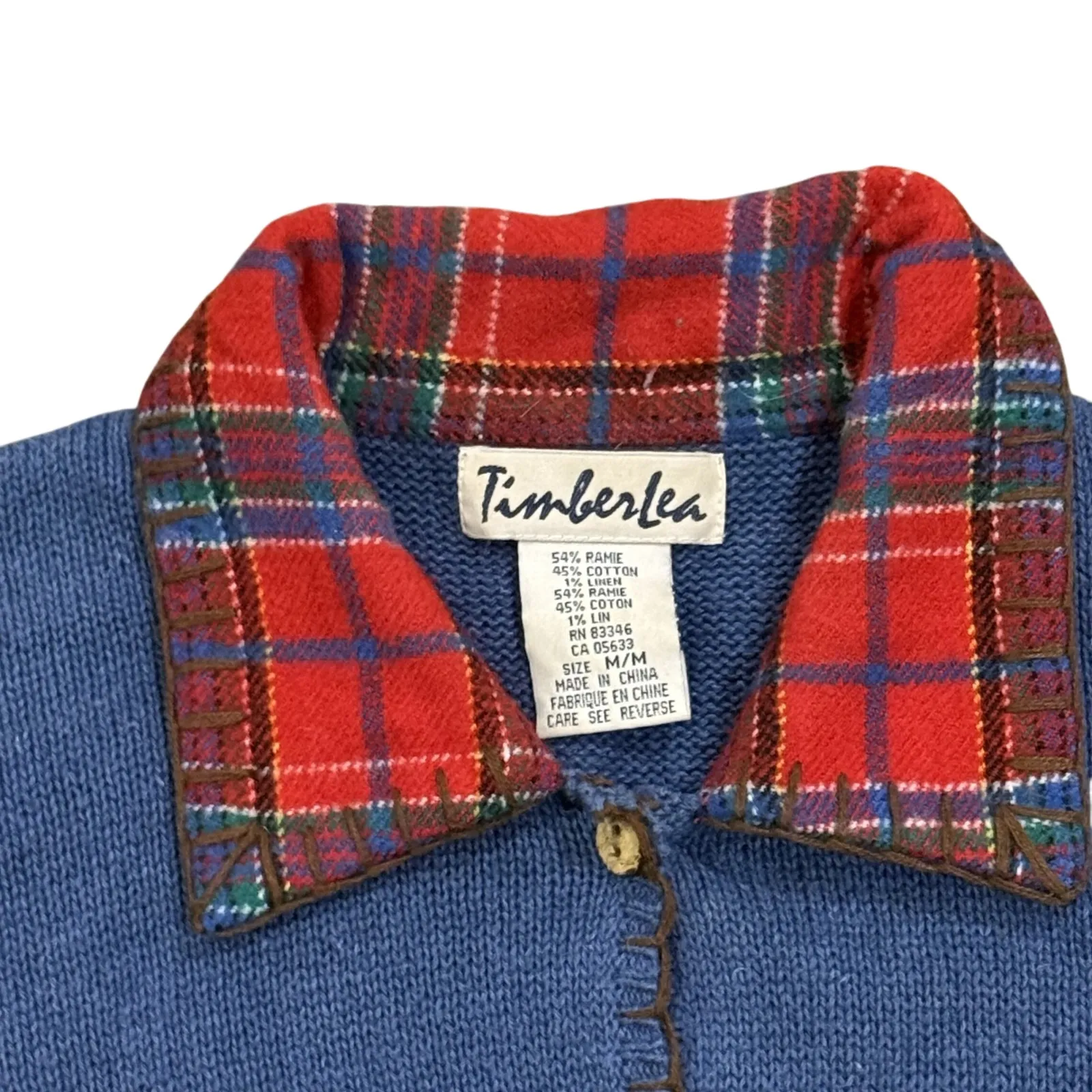 Timberlea Christmas Cardigan Sweater Reindeer Santa Plaid Collar Medium Blue - Image 4