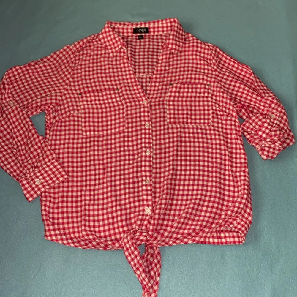 JONES NEW YORK tie front button up long roll up tab sleeve gingham NEW size L - Image 2