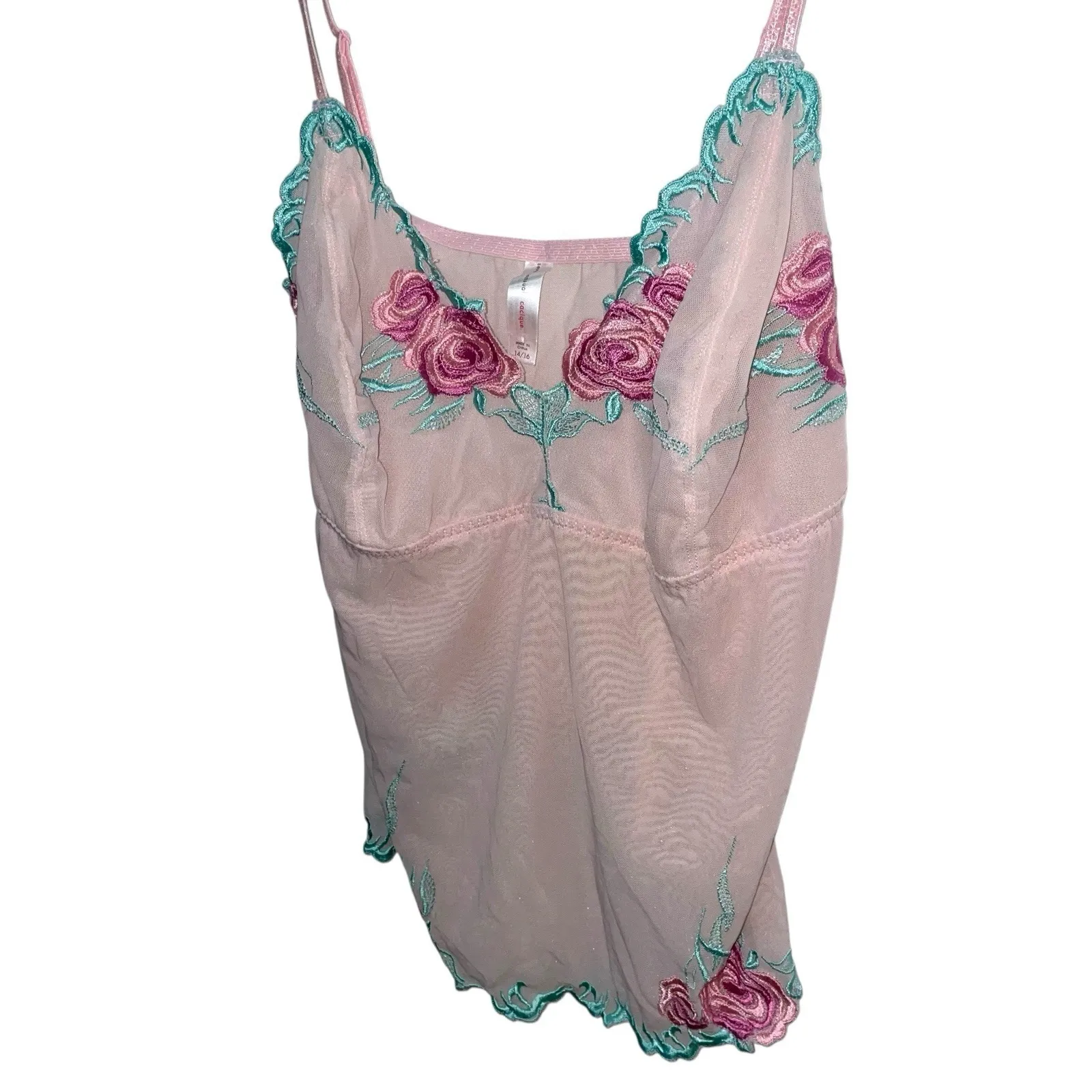 Vintage Cacique Pink Mesh Babydoll Top 14/16 Sheer Embroidered Roses Lingerie Size L - Image 2