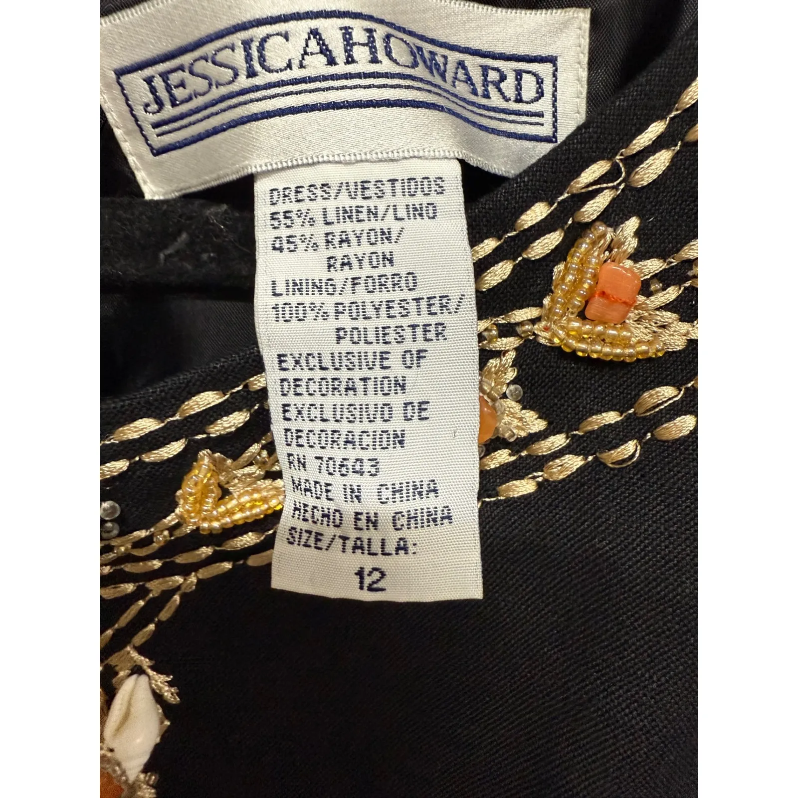 Jessica Howard Vintage Beaded Sea Shell Black Maxi Dress Formal Ocean Size 12 - Image 6