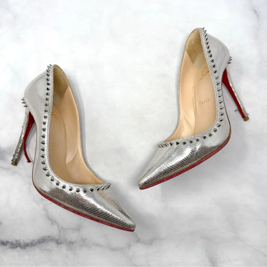 Christian Louboutin Anjalina 100 Spike Stud Trim Chrome Pointed Toe Pumps Heels - Image 3