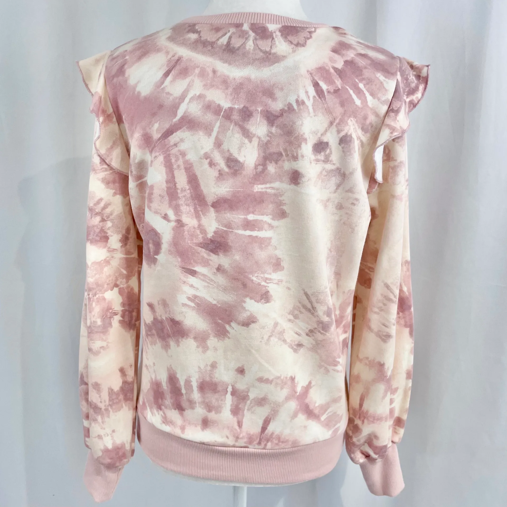 New Marled Tie Dye Ruffle Trim Sweatshirt Long Sleeve Crewneck Pullover Pink - Image 8