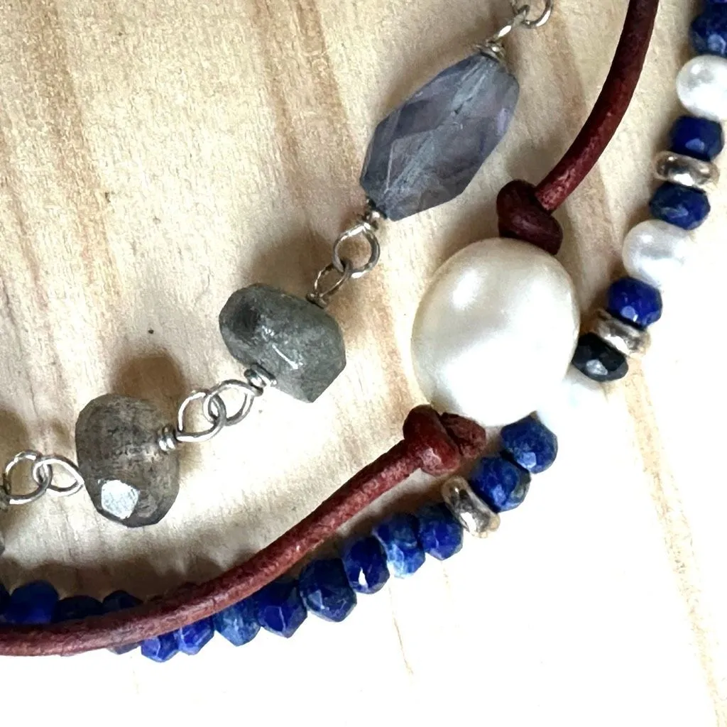 Sterling Silver Labradorite, Lapis, Pearl & Leather multi strand Bracelet - Image 8