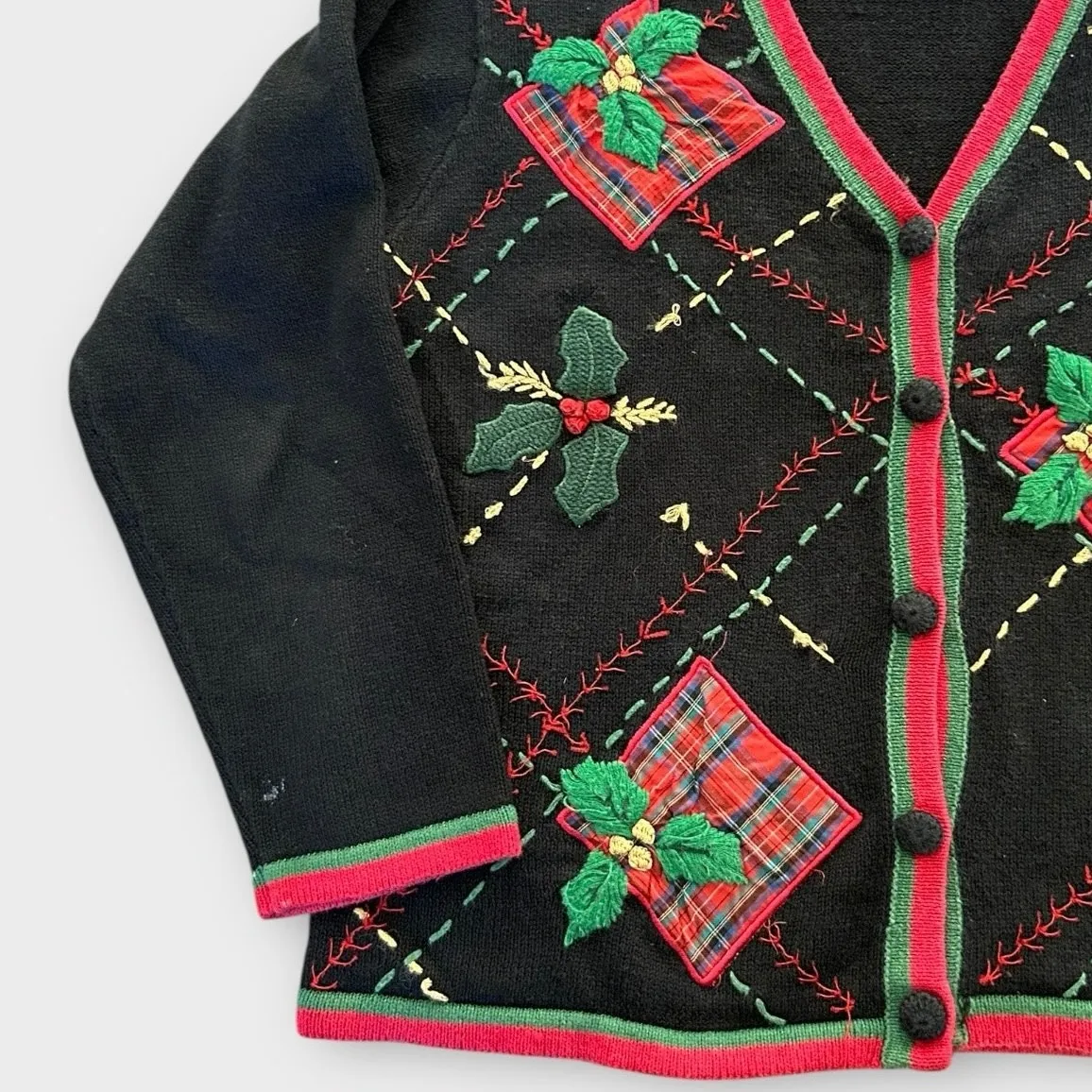 Vintage Holiday Christmas Cardigan Sweater Plaid Basic Editions Women's sz Small Black - Image 2