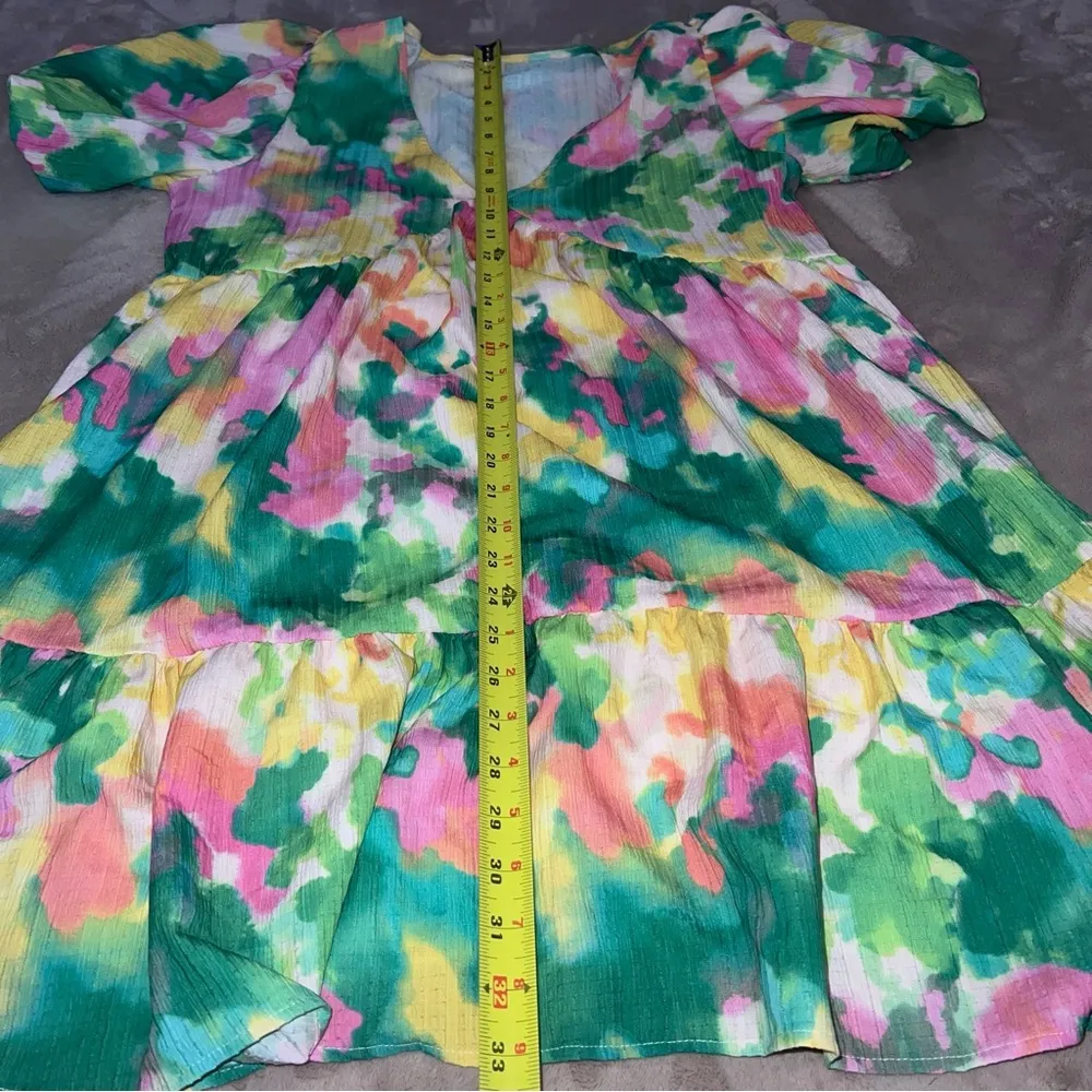 Women’s Small Peach Love California Green and Pink Puff Sleeve Sundress - Image 4